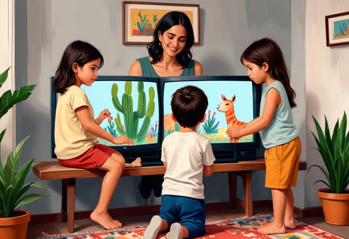  Tres niños viendo un dibujos animados en un televisión , con un planta en maceta en primer plano. Su madre les llama para cenar